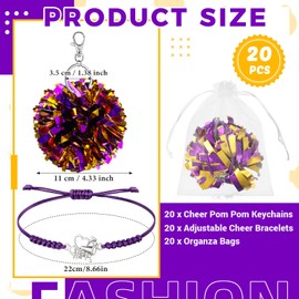 Ecation 20 Sets Cheerleader Gifts Bulk, Pom Pom Keychain Cheer Bracelet Organza Bag 20 Each for Team Women Accessories(Metallic Purple and Gold)
