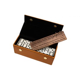 Alex Cramer Spinner Domino Set. Caramel Leather Case - Professional Tournament Traveler Domino Set - with Spinners - 28 Indestructible Double Six Dominoes