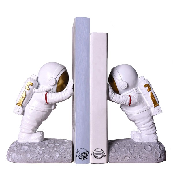 Joyvano Astronaut Bookends - Book Ends to Hold Books - Space Decor Bookends for Kids Rooms - Bookends for Heavy Books - Unique Book Holders with Anti-Slip Base (Gold)