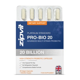 Zipvit Pro Bio 20 Billion CFU Probiotic, High Strength, 30 Vegan Probiotic Capsules for Men & Women, 3 Live Bacterial Cultures Including Lactobacillus & Bifidobacterium animalis