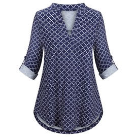 Viracy Business Casual Tops for Women, 3/4 Sleeve Tunic Tops V Neck Mandarin Collar Polka Dots Spring Fall Long Shirts to Wear with Leggings,Navy Blue-Large