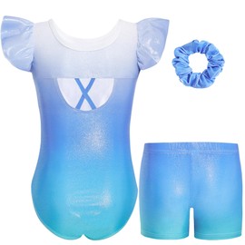 Gogokids Girls' 3-Piece Flutter Sleeve Gymnastics Set - Children's Gymnastics Jerseys with Colour Gradient Sequins & Glitter Design, Gymnastics Costume Set Includes Jersey, Shorts and Headband for 3