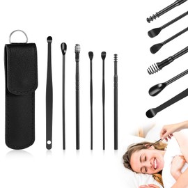 6 Pcs Earwax Removal Tools Kit, Portable Ear Cleaners for Travel Home Office, Safe Ear Cleaning Tools for Adults and Kids, Stainless Steel Ears Cleaner Kit with Leather Case (Black)