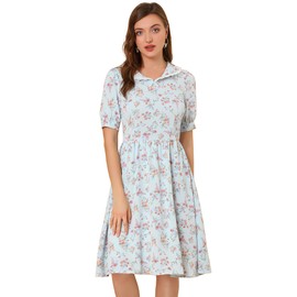 Allegra K Women's Vintage Peter Pan Collar High Waist Flowy Midi Puff Sleeve Floral Dress Medium Blue