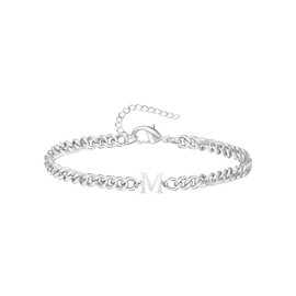 TOLOWOBK Men's Bracelet with Letters, Silver Stainless Steel Curb Chain Bracelet Men Boys A-Z Letter Bracelets for Men Anniversary Christmas Birthday Gift for Dad Son Friend Brother, Stainless Steel