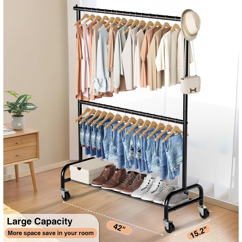 MISSLO Heavy Duty Clothing Racks for Hanging Clothes Rack Double