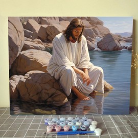Jesus Sat on a Rock by the River Paint by Numbers for Adults Kids DIY Oil Painting Kits on Canvas with Paint Brushes and Acrylic Pigment Christ Religion Picture Wall Art Decor Gift 16x20In (Frameless)