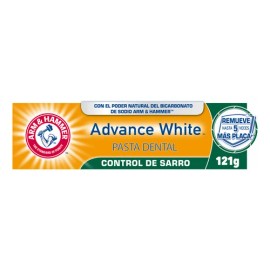 A-Arm & Hammer Pasta Dental Advance White 121 g. Control Sarro. Remueve Hasta 5x Más Placa Dental y Neutraliza los Ácidos de tu Boca, con Fluoruro que Protege Contra las Caries. Sabor Menta