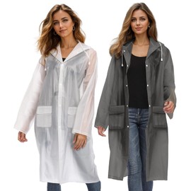 Besshopie EVA Raincoat Lightweight Rain Poncho for Adult Women Reusable 2Pack Long Clear Rain Wear,Black and White,Medium