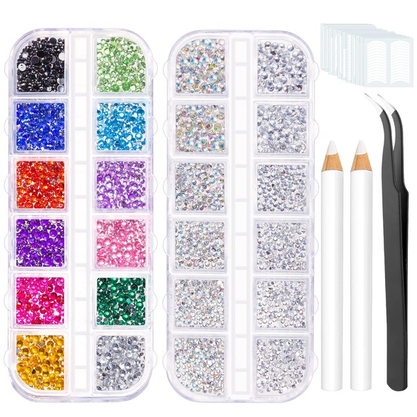 MELLIEX Rhinestone Nails, 3550 Pieces Glitter Stones in 3 Sizes and 12 Sheets French Nail Stickers Set