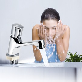 Public Single Cold Faucets Sink Faucet Push Type Faucet Time Delay 4-6 Seconds Chrome Self Closing Faucet for Home Kitchen Bathroom