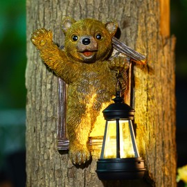 Brown Bear with Solar Lantern on Tree - Garden Ornament/Yard Decorative Sculpture/Baby Bear Cub Tree Hugger Statue