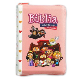 Biblia para Niñas Mi Gran Viaje tamaño compacta imit piel rosada con corazones