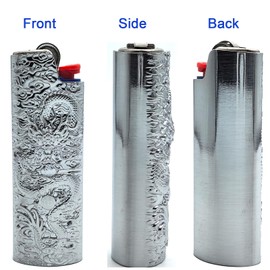 Lucklybestseller Metal Lighter Case Cover Holder Vintage Dragon Engraving for BIC Full Size Lighter J6 (Silver)