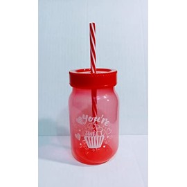 JF- Valentine's Day Mason Jar Style Plastic Tumblers w/Lid & Straw, 16oz. Home Party Favor Beverages Drinking Cup Water Bottle (You're Sweet & Be Mine)