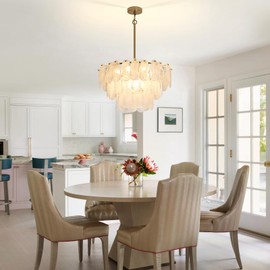 KELUOLY Modern Gold Chandeliers, 17.7" Luxury Cloud Glass Light Fixture, 2-Layer Round Ceiling Hanging Light Fixture for Bedroom Dining Room Kitchen Island Living Room Entryway Bar Farmhouse 6-Light