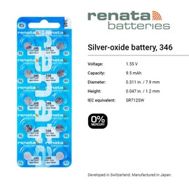 Renata 346 SR712SW Batteries - 1.55V Silver Oxide 346 Watch Battery (20 Count)