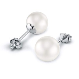 Dalaran sterling silver white pearl stud earrings for women, girls, hypoallergenic Christmas gift 6/7/8 mm, multiple use., Silver, 6 mm