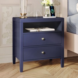 Huuger Nightstand with Charging Station, Blue Nightstand with 2 Drawers, Bed Side Table for Bedroom, Bedside Table with Storage, Modern Nightstands, Metal Knobs, Painted Surface