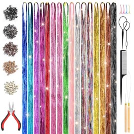 3200 Hebras de Oropel para Cabello Kit de,48 Pulgadas - extensiones de cabello,Brillantes Resistentes al Calor para Mujeres, Accesorios para Fiestas, Cosplay y Festivales（16 Colores）