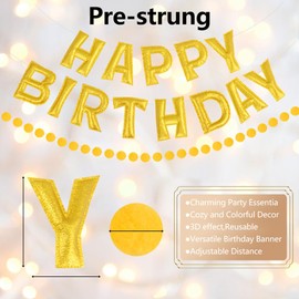 Pre-Strung Happy Birthday Banner, Reusable Birthday Banners, Gold Foil Felt Banner Golden Happy Birthday Sign for Party Decorations, Comes with a Storage Bag for Easy Storage