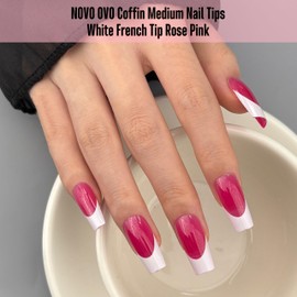 NOVO OVO White French Tip Coffin Nail Tips Press on, ROSE PINK, Extra Thick Medium Soft Gel Fake Nail Acrylic Extension, Need Builder Gel Top Coat, No Glue Included, for Salon DIY 15 Sizes x 240 pcs
