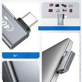 OUGCYG 90 Degree USB C Right Angle Adapter 2 Pack, 240W 40Gbps Male to Female USB-C Adapter Extender Compatible with Thunderbolt 4/3 for Steam Deck, ROG Ally, Switch,Quest 3 (90 Degree-Silver Gray)