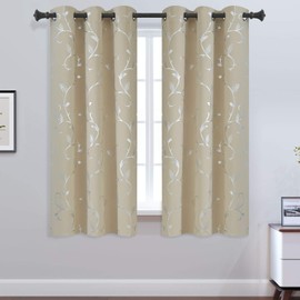 BUHUA Small Window Blackout Curtains Bedroom Darkening Curtain Pairs Silver Floral Print Blackout Curtains for Kitchen 38W×54L Beige2 Panels