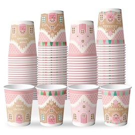 Whaline 100Pcs Christmas Paper Cups 9Oz Pink Gingerbread House Disposable Drink Cups for Winter Holiday Xmas Party Supplies Tableware Decor