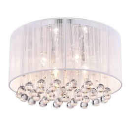 Edvivi Belle 4-Light Chrome Finish with White Thread Wrapped Drum Shade Flush Mount Chandelier Ceiling Fixture with Hanging Crystals | Glam Lighting