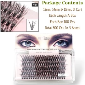 CB 300 Pcs/3 Trays, Individual Cluster Lashes, 0.07mm D Curl, 10mm-16mm, 20D 30D 40D To Choose, Matte Black Mink DIY Eyelashes Cluster Lashes Extension Bunche, 40D-0.07-D, 13mm, 14mm & 15mm