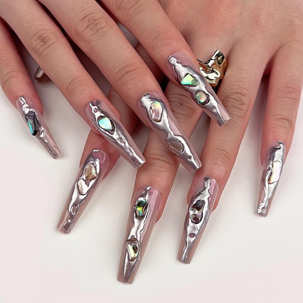 MISUD Press on Nails Long Coffin Fake Nails Glossy Glue