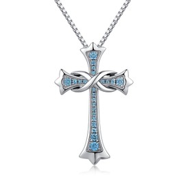 jiamiaoi 18K White Gold Plated Cross Infinity Cross Pendant Women's Necklace Cross 925 Sterling Silver Cross Chain with 12 Months Birthstone Cross Silver Chain with Cross Earrings, Cubic Zirconia