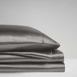 Madison Park Essentials Satin Sheet Set Luxury and Silky with Natural Sheen, Elastic 14" Pocket fits up to 16" Mattress, All Around Elastic - Year-Round Bedding, Full, Grey, 6 Piece