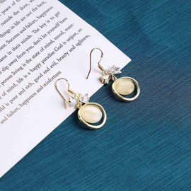 Yheakne Vintage Circle Drop Earring Gold Cat Eye Stone Earrings Dangle Chalcedony Earrings with Bowknot Earrings Jewelry for Women and Teen Girls