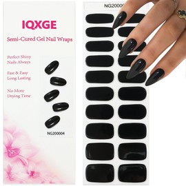 IQXGE Semi Cured Gel Nail Strips, Long Lasting Gel Nail Stickers with UV Light Needed, 20 Waterproof Full Wraps for Women with 1 File, 1 Wood Stick&2 Prep Pad-Pure Black