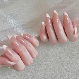 24 Pcs 3D French Tip Press on Nails Medium Pink French Nails Cute Press on Nails Almond Fake Nails Stick on Nails 3D Pink French Press on Nails for Young Girls