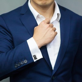 HAWSON Initial Cufflinks for Men with USA Flag Design, Classic Black Cuff Links with Letter Monogram Suits Shirt Studs for Wedding Party