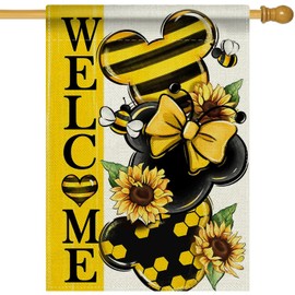 YMCAFZ Welcome Spring Decorative House Flag, Yellow Sunflower Honey Bumble Bee Garden Yard Outside Decorations, Seasonal Burlap Outdoor Large Home Decor Double Sided 28 x 40