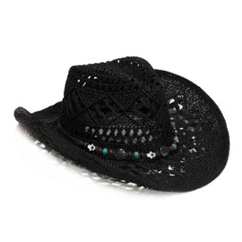 KAQJWL Faux Raffia Straw Western Cowboy Cowgirl Hat for Women or Ladies - Cute Wide Brim Decorative Bands (US, Alpha, One Size, Medium, Black with Beads Brim)