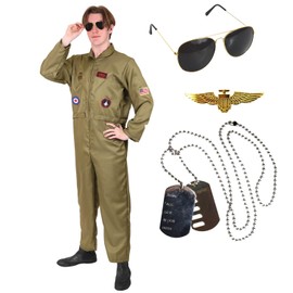 I LOVE FANCY DRESS Adults Pilots Aviator Costume - Air Pilot Jumpsuit Men Pilot Costume Aviator Jump Suit, Sunglasses, Pilot Badge & Dog Tags - XX-Large