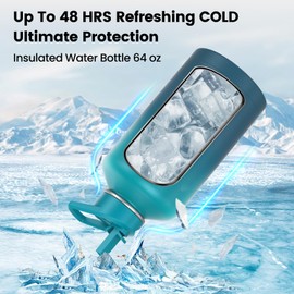 Insulated Water Bottle 64 oz, Triple Wall Vacuum Stainless Steel(Cold for 48 Hrs),Leak Proof & BPA-Free,Half Gallon Water Bottle with Reflective Paracord & Flip Straw for Sports & Travel, Cyan Blue