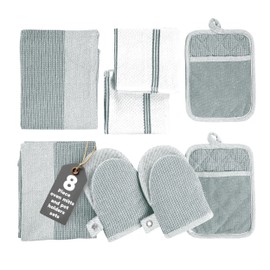 Casa Platino 8-Piece Mini Oven Mitt & Pot Holder Set – 500°F Heat Resistant with Silicone Grip, Includes 2 Kitchen Towels & 2 Dish Cloths for Drying – Non-Slip, Durable, Machine Washable – Grey
