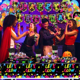 188 Pcs Neon Party Supplies, Glow in the Dark Party Supplies, Birthday Neon Party Decorations, Disposable lates, Napkins, Tablecloth, Banner, Latex Balloons for Neon Themed Birthday Party