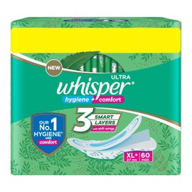 Whisper Ultra Clean - Almohadillas sanitarias para mujer, XL+ 60 almohadillas (42 + 18 almohadillas gratis)