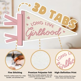 NEFMGEG Girls Room Decor, Long Live Girlhood Wall Felt Pennants Banners Flags, Preppy Pink and Beige Wall Hanging Decor for Toddler Little Girls Nursery Bedroom Playroom
