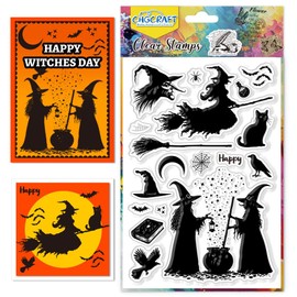 CHGCRAFT Witch Silhouette Clear Stamps Black Cat Transparent Stamps Magic Hat Silicone Clear Stamp Seals for DIY Scrapbooking Photo Album Decoration, 4.3x6.3 inch