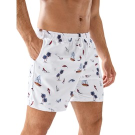 Verdusa Men's Tropical Graphic Drawstring Waist Beach Shorts Hawaiian Swim Trunks with Pockets White Small