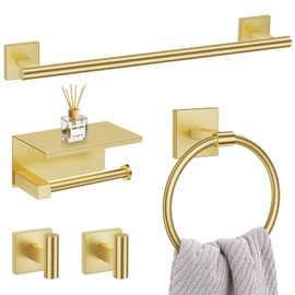 5 Pieces Brushed Gold Bathroom Hardware Set, SUS304 Stainless Steel Bathroom Accessories Set 23.6 inches Towel Bar, Toilet Paper Holder with Shelf, Towel Ring and Two Towel Hooks Wall-Mounted