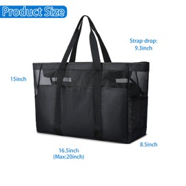 Forhome Beach Bag XXL Family with Zip Swimming Bag Women's Large Lightweight Mesh Beach Bag Waterproof Foldable Shoulder Bags for Beach Travel Toy Storage Gym Picnic, black